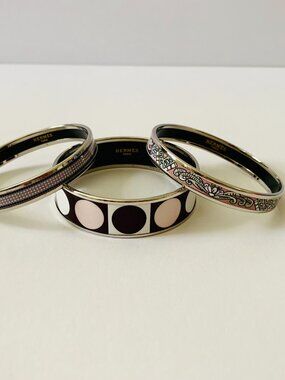 Hermes Dot Geo Enamel Bracelet 3pc Stack Set 65 PM Bangle Austria Palladium